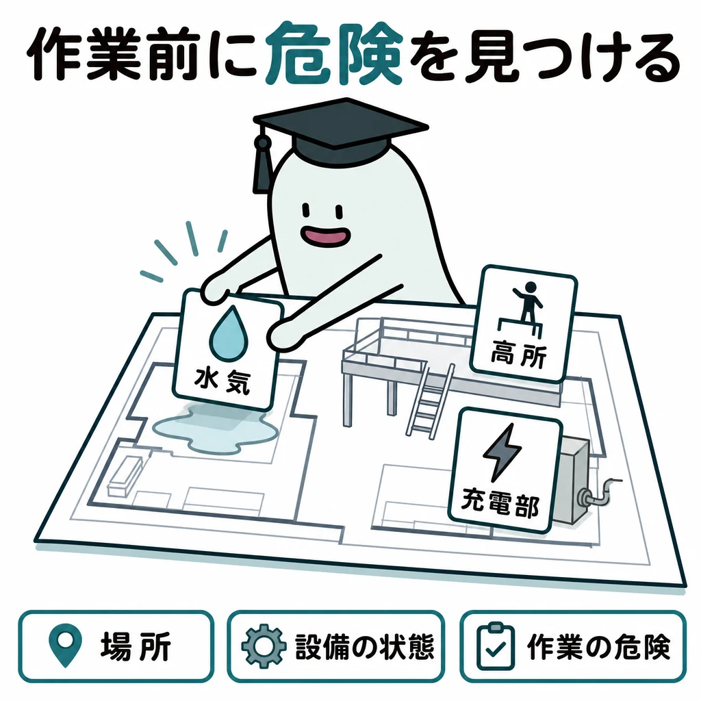 作業前に危険を見つける。作業範囲の図面に水気・高所・充電部の三つの大きな危険アイコン。