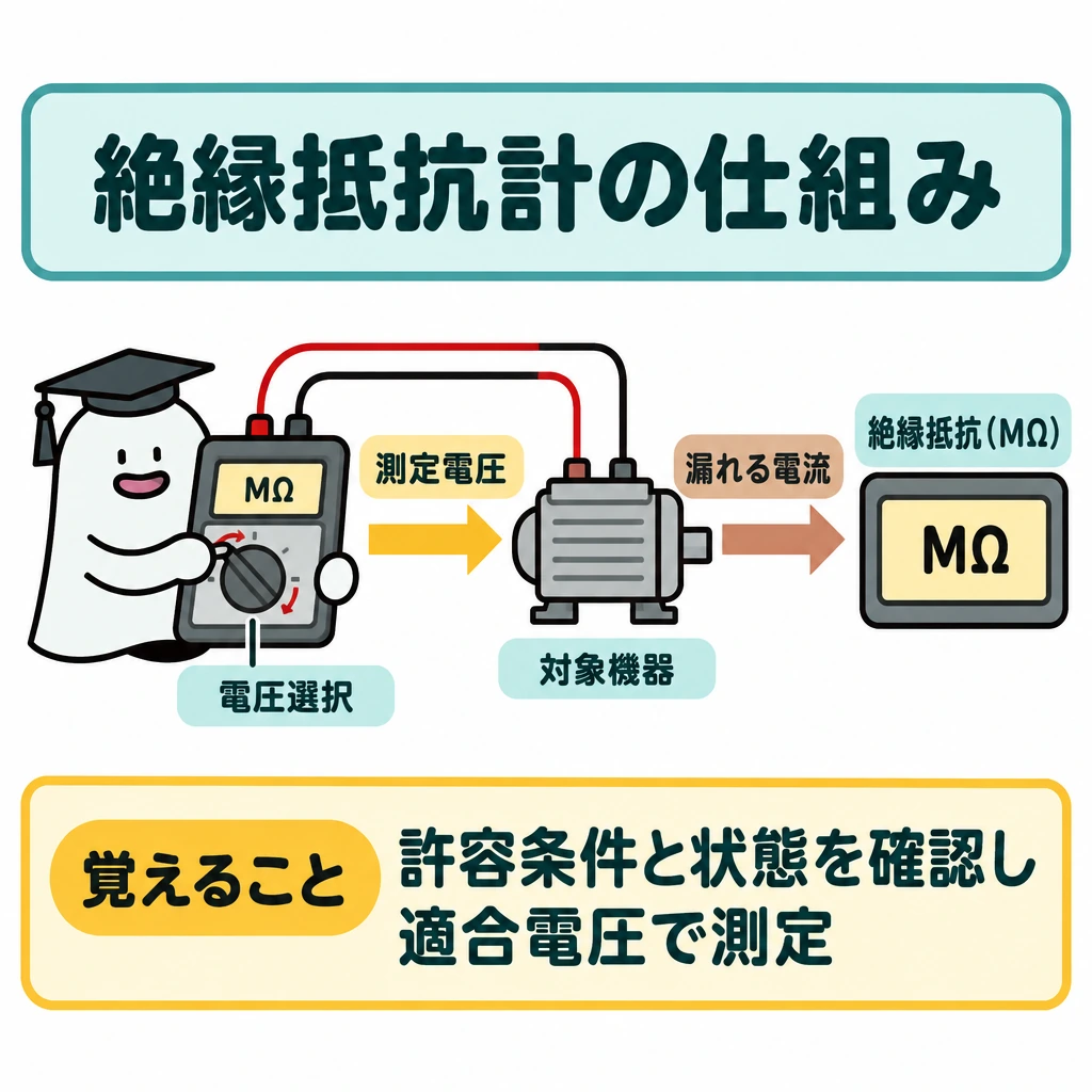 基本の仕組みの図解。左に絶縁抵抗計、中央に対象機器、右に漏れる電流と絶縁抵抗の結果を配置する。計器から対象へ「測定電圧」の矢印、対象から右へ「漏れる電流」の矢印を引き、計器の電圧選択と抵抗の表示は仕切って区別する。