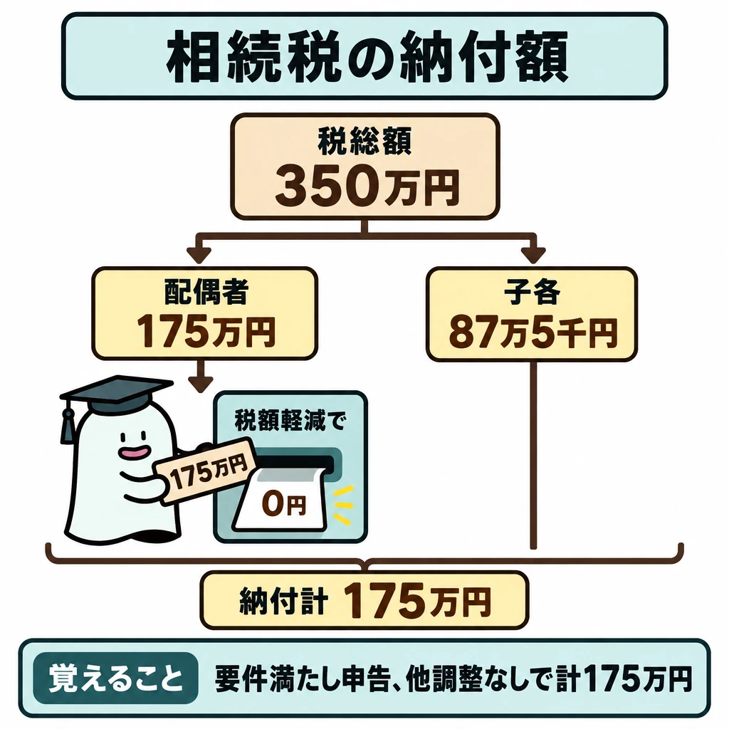 基本の仕組みの図解。上の「税総額350万円」から矢印を左右に分け、左に配偶者175万円、右に子各87万5千円を置く。左だけを「税額軽減で0円」へ下向き矢印でつなぎ、右は金額を変えず、下の仕切り線の下に「納付計175万円」を示す。