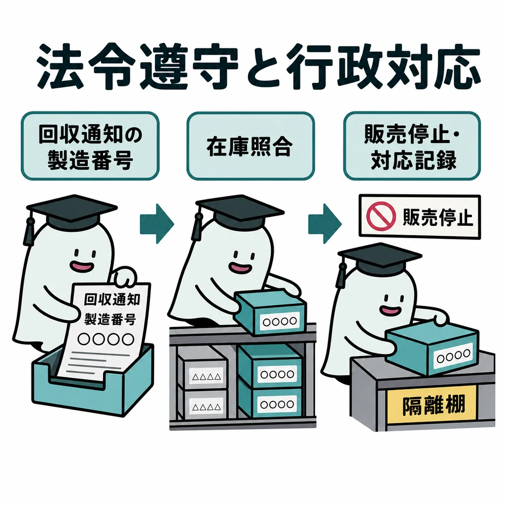 エルくんが説明する図解。回収通知の製造番号→在庫照合→販売停止/対応記録の流れ。