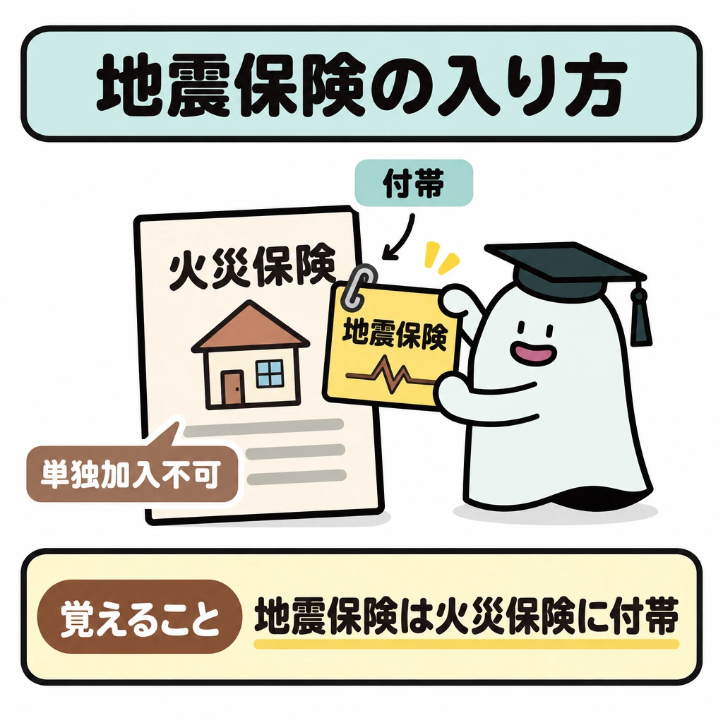 地震保険と自動車保険の図解。中央に大きな「火災保険」の書類を置き、その右端に「地震保険」のカードを留め具で付ける。カードが書類から離れて単独で置かれた状態は描かない。