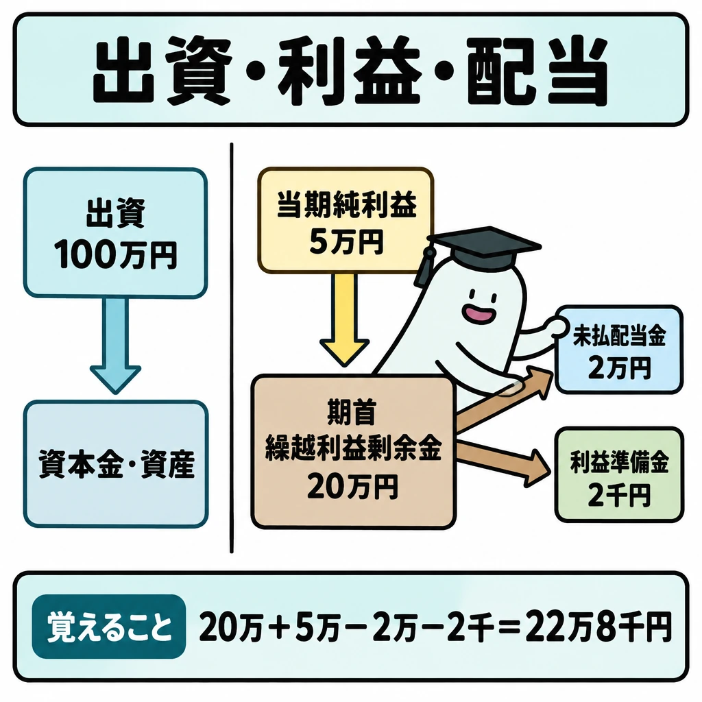 出資・利益・配当の三方向の図解。正方形の左側に出資から資本金・資産へ向かう矢印、右側に期首の繰越利益剰余金へ当期純利益が入り、配当と利益準備金が出ていく矢印を配置する。左右を縦線で仕切り、出資100万円から繰越利益剰余金へは矢印を引かない。