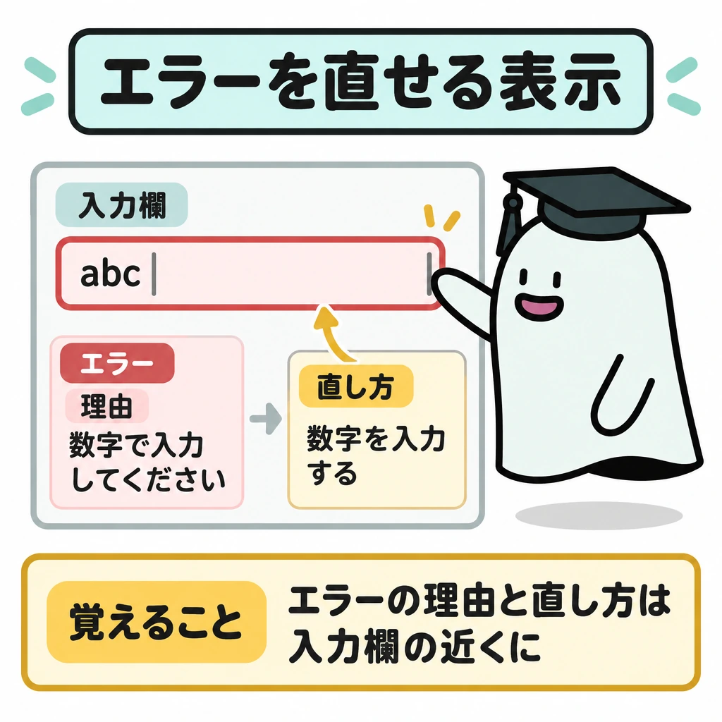 基本の仕組みの図解。中央に入力欄を大きく置き、そのすぐ下にエラーの理由と直し方を並べる。直し方から入力欄へ短い矢印を向け、次に操作する場所を示す。