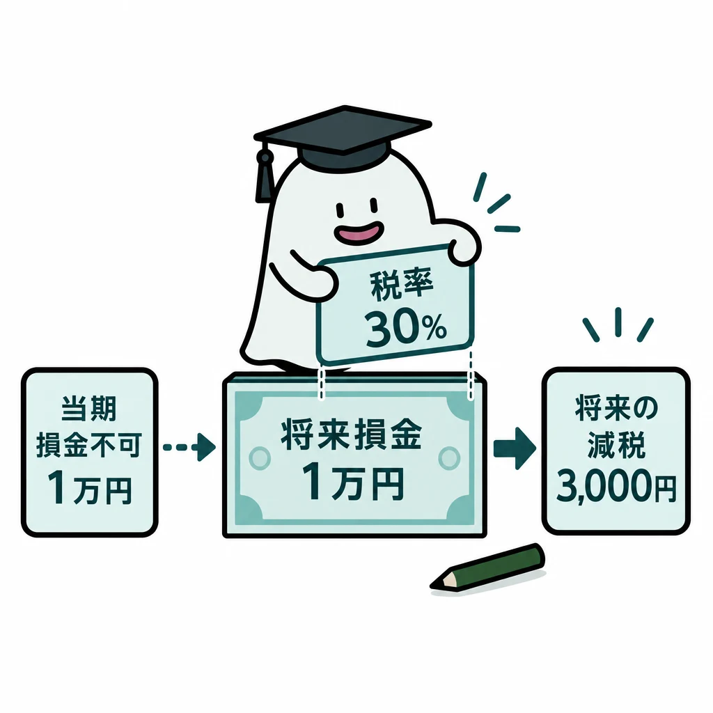 エルくんが説明する図解。当期損金不可1万円→将来損金1万円→税率30%で将来減税3000円。