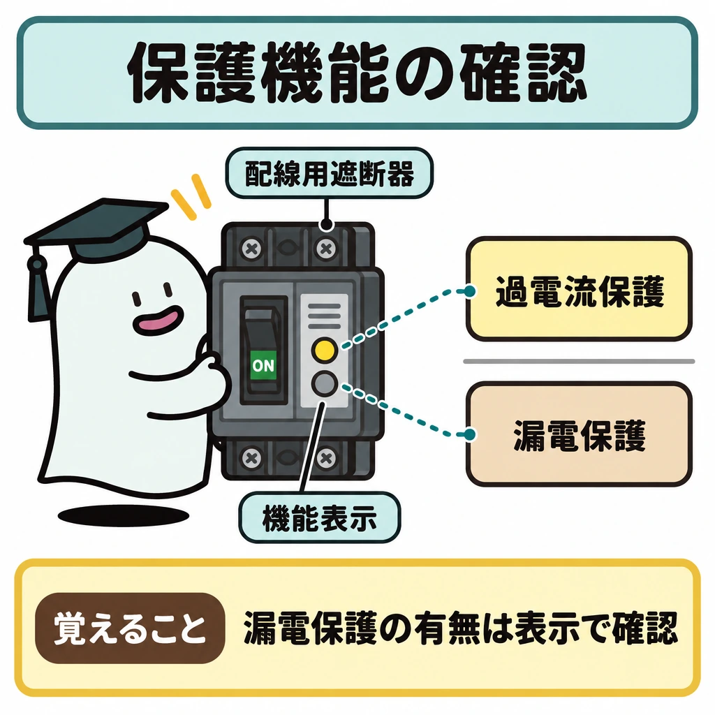 基本の仕組みの図解。中央に配線用遮断器を大きく置き、その機能表示から右側の二つの枠「過電流保護」「漏電保護」へ点線を伸ばす。枠の間に仕切りを入れ、別々の機能として表示を確認する図にする。