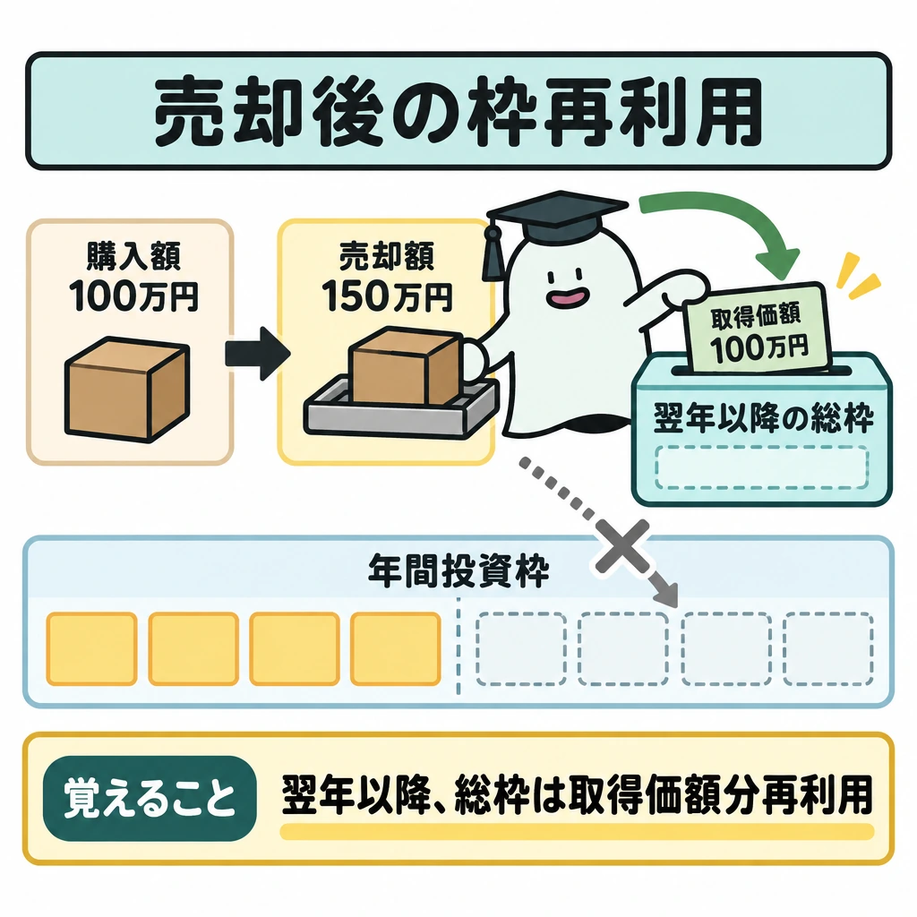 基本の仕組みの図解。中央に「100万円で購入した商品→150万円で売却」を置き、売却から右下の「翌年以降の総枠」へ、取得価額100万円分だけ戻る矢印を描く。下段の「年間投資枠」は仕切って示し、売却してもその年の枠は戻らないことを明確にする。