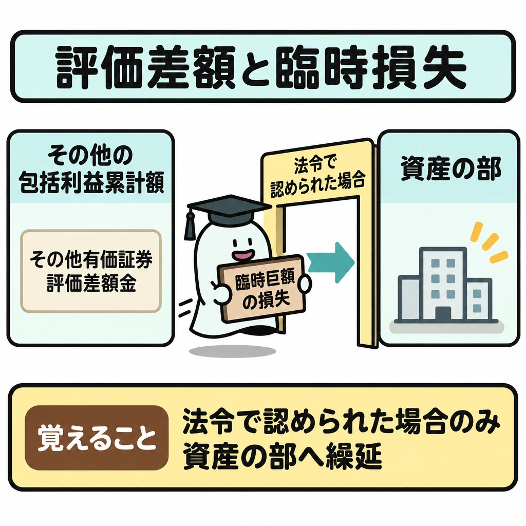 資産・負債と評価差額の図解。中央の仕切りを挟み、左に「その他の包括利益累計額」の枠とその例、右に「資産の部」の枠を置く。中央から右枠へ向かう矢印の途中に「法令で認められた場合」という条件を示し、左枠へは矢印を引かない。