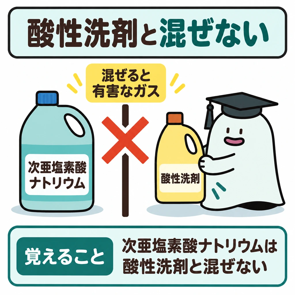 消毒・殺虫・検査を混同しないの図解。左に次亜塩素酸ナトリウム、右に酸性洗剤の容器を置き、間を太い仕切りと×印で遮る。仕切りの上に「混ぜると有害なガス」と示し、混ぜてはいけない理由を伝える。