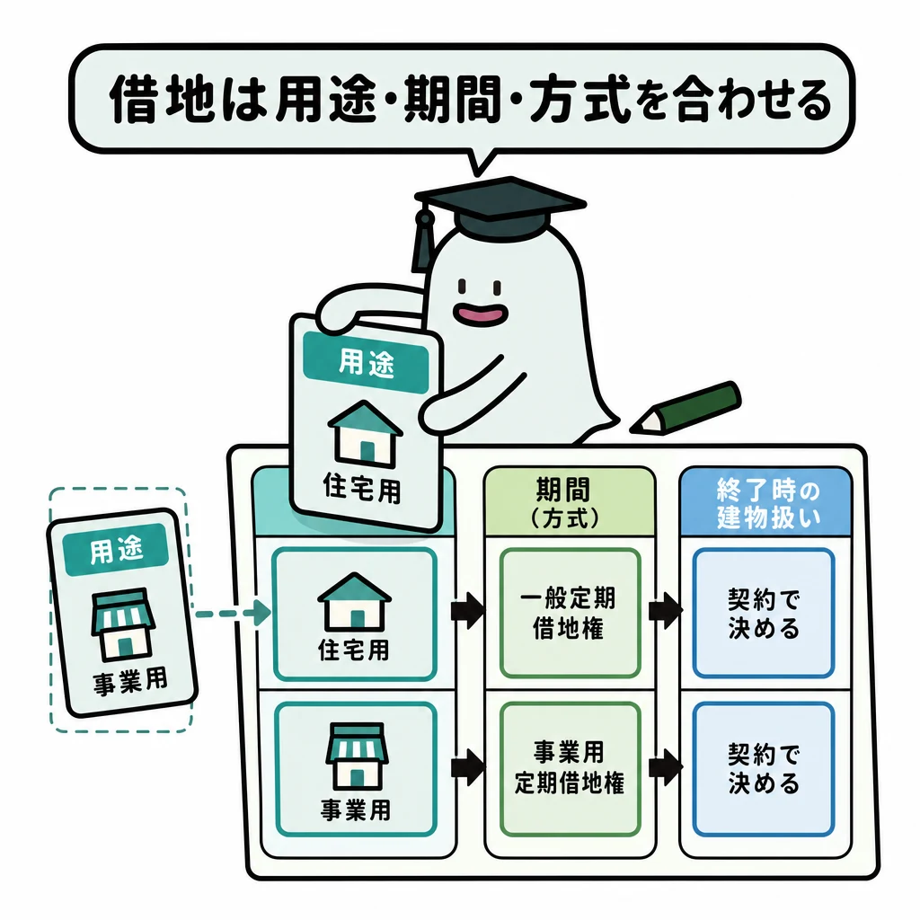 住宅用と事業用の土地利用を分け、契約の期間と終了時の建物の扱いを示す図