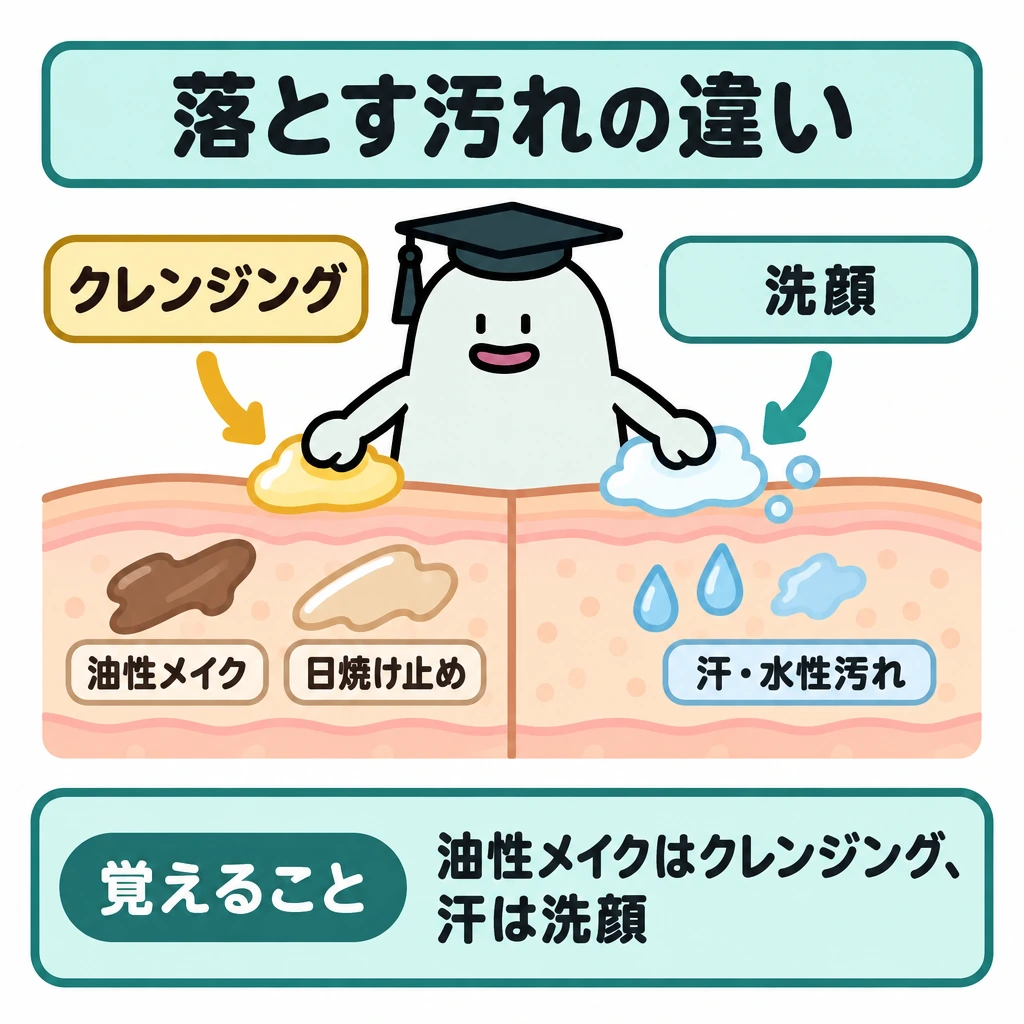 落とす対象と剤型の違いの図解。中央にエルくんを1体置き、左右を仕切った1枚の肌の図を描く。左はクレンジングから油性メイク・日焼け止めへ、右は洗顔から汗・水性汚れへ、それぞれ矢印を向ける。