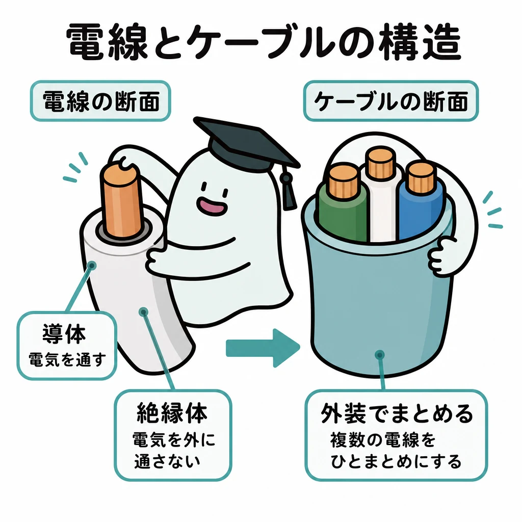 電線とケーブルの構造。左は導体を絶縁体が包む一本の絶縁電線断面、右は複数の絶縁電線を外装が包むケーブル断面。