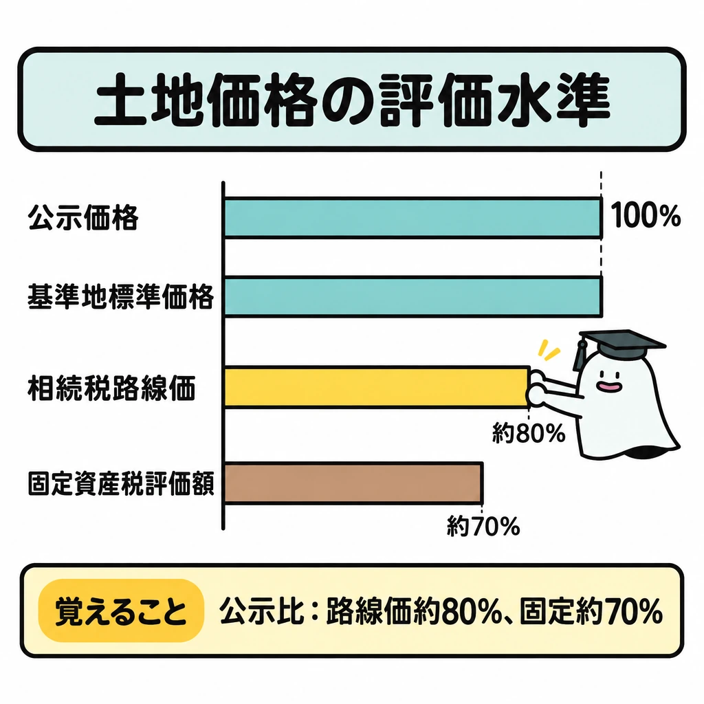 公的な土地価格の図解。左に価格名、右に公示価格を100%とする横棒を4段で並べる。上から公示価格100%、基準地標準価格は同水準、相続税路線価は約80%、固定資産税評価額は約70%とし、棒の左端と100%の位置を縦線で揃える。