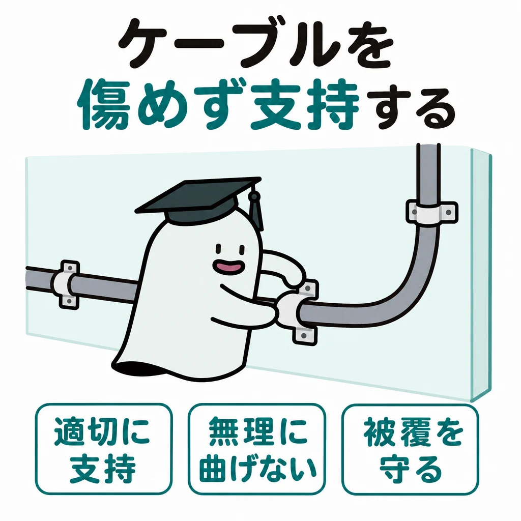 ケーブルを傷めず支持する。壁面にケーブルが整然と支えられた大きい概念図。