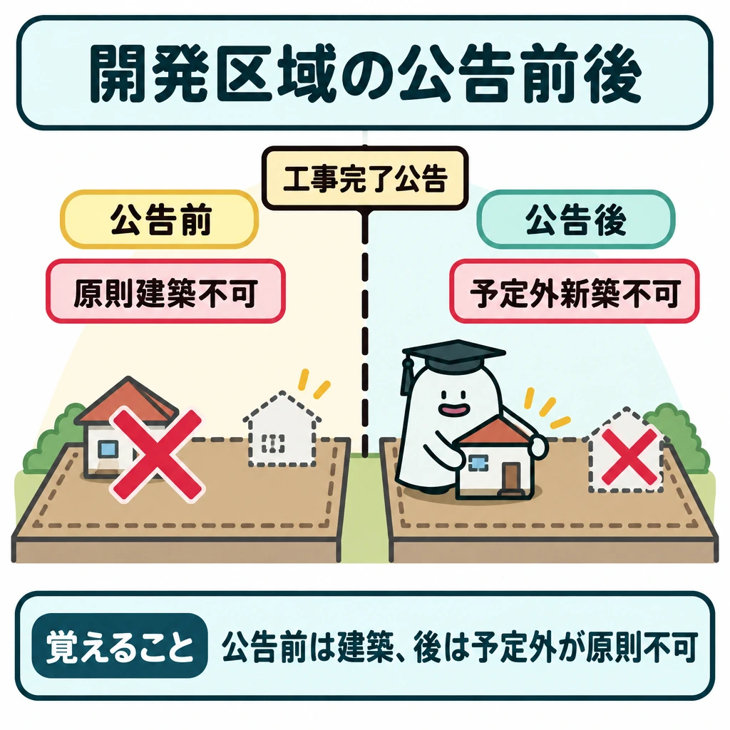 工事前後の建築制限の図解。開発許可を受けた開発区域を、中央の「工事完了公告」の縦線で左右に分ける。左は公告前の建築を原則禁止、右は公告後の予定建築物以外の新築を禁止する図とし、両側に例外があることも示す。