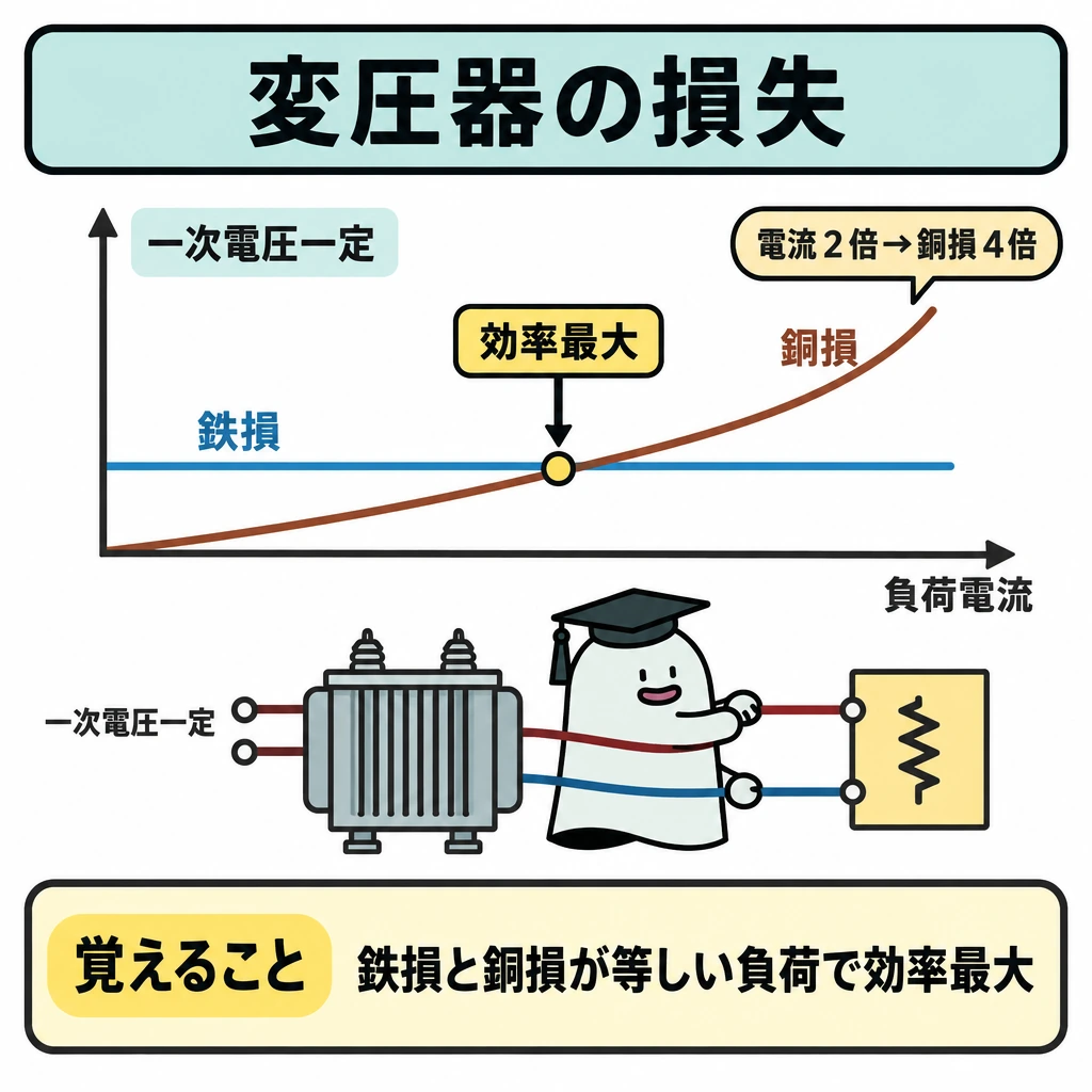 変圧器の定格と損失の図解。中央に負荷電流を横軸とするグラフを置き、一次電圧が一定のときの鉄損をほぼ水平線、銅損を右上がりの曲線で示す。2本の線が等しくなる位置に「効率最大」を記し、下側に変圧器と二次側の負荷を1組だけ描く。