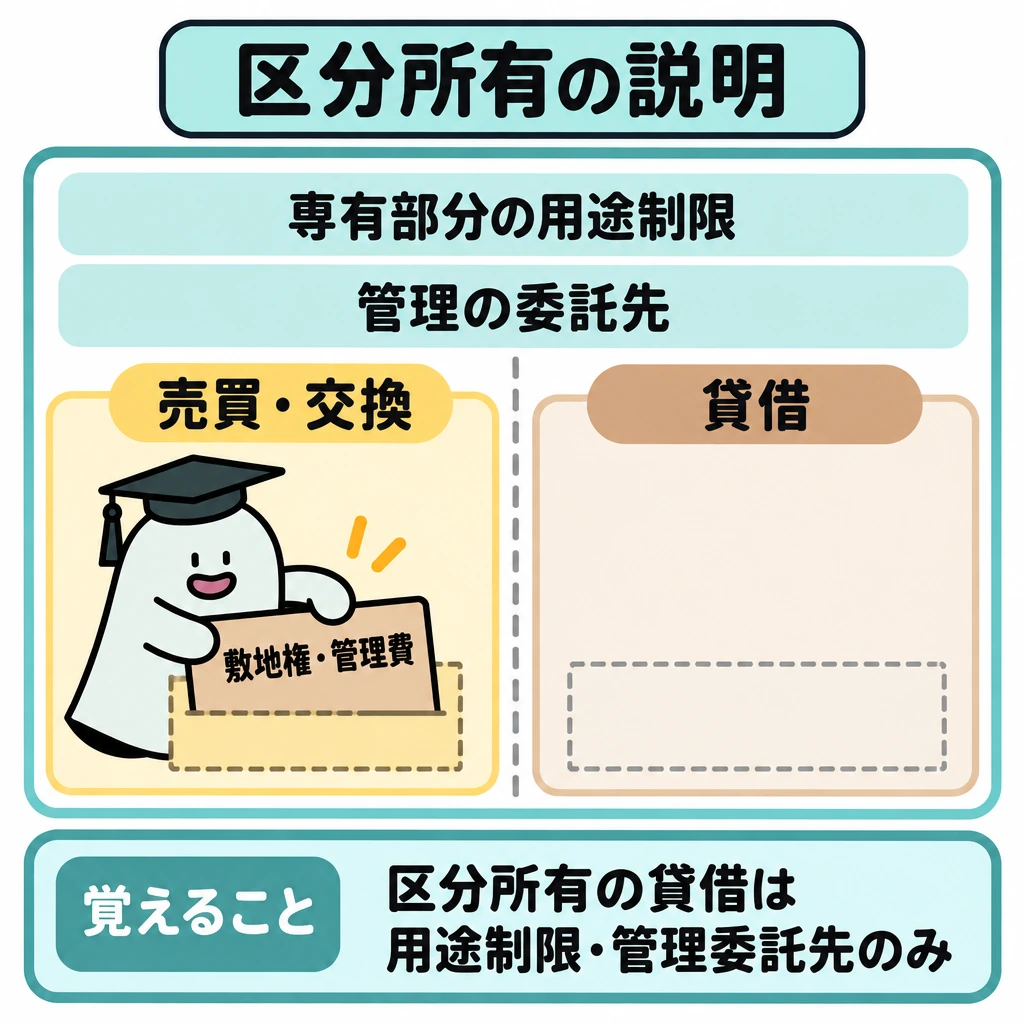 取引別の説明事項の図解。中央の縦線で左を「売買・交換」、右を「貸借」に分ける。上段には両方に共通する「専有部分の用途制限」「管理の委託先」を横長に配置し、下段の「敷地権・管理費」は左側だけに置く。