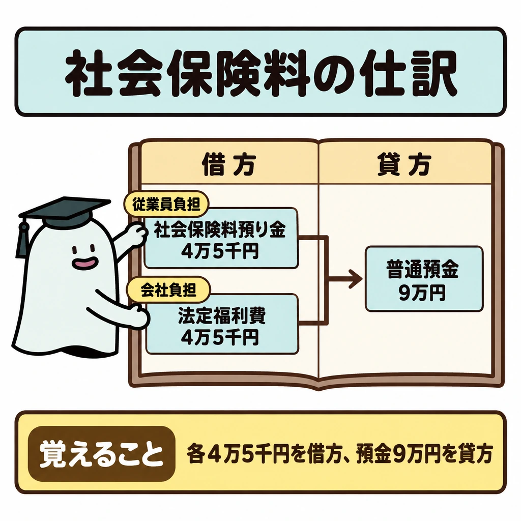 先払い・立替・預りを分けるの図解。中央に仕訳帳を大きく描き、縦線で左の借方と右の貸方を分ける。借方には上段「社会保険料預り金4万5千円」、下段「法定福利費4万5千円」を並べ、2段から右の「普通預金9万円」へ線をつなぐ。