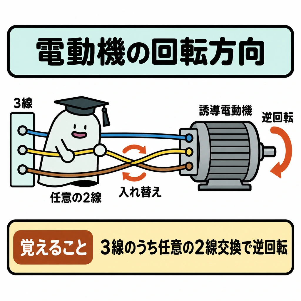 誘導電動機の回転と制御の図解。左の3線から右の誘導電動機へつなぐ1枚の図。2線だけを交差させ、残る1線は直線でつなぎ、電動機の横に逆回転の矢印を置く。