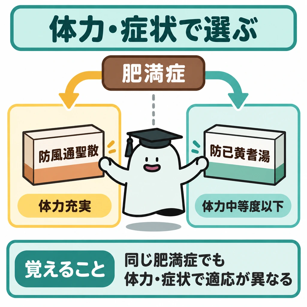 処方名より体力・症状・生薬の図解。上部の「肥満症」から矢印を左右に分け、縦の仕切りを挟んで左に防風通聖散、右に防已黄耆湯を配置する。左は体力充実・腹部の皮下脂肪が多い・便秘がち、右は体力中等度以下・疲れやすい・汗をかきやすいという適応の違いを示す。