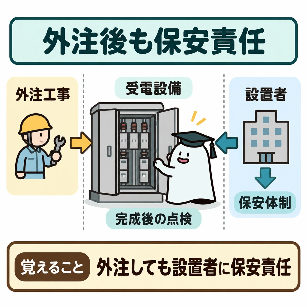 基本の仕組みの図解。中央に工場の受電設備を置き、左から「外注工事」の矢印、右から「設置者→保安体制」の矢印を向ける。左右を仕切り、工事の外注と完成後の保安責任は別だと示す。