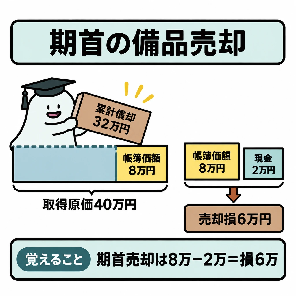 債権・手形・固定資産の個別条件の図解。中央に取得原価40万円のバーを置き、累計償却32万円を除いた残りを帳簿価額8万円として示す。右側では帳簿価額8万円と現金2万円を並べ、その差6万円を売却損として下向きの矢印で示す。
