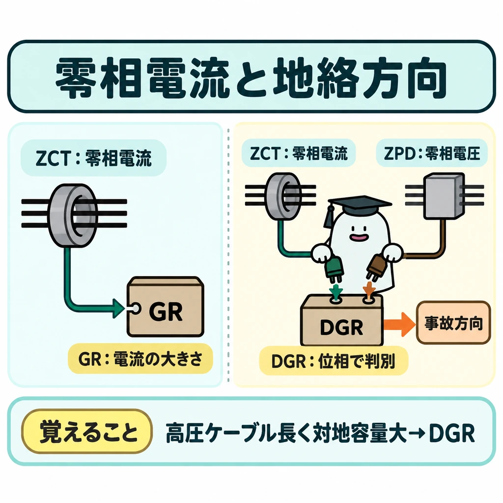 零相電流と地絡方向の図解。中央の縦線で左右を比較し、左はZCTの零相電流だけがGRへ入る矢印、右はZCTの零相電流とZPDの零相電圧がDGRへ入る2本の矢印を描く。右では2入力の位相から事故方向を判別する様子を示す。