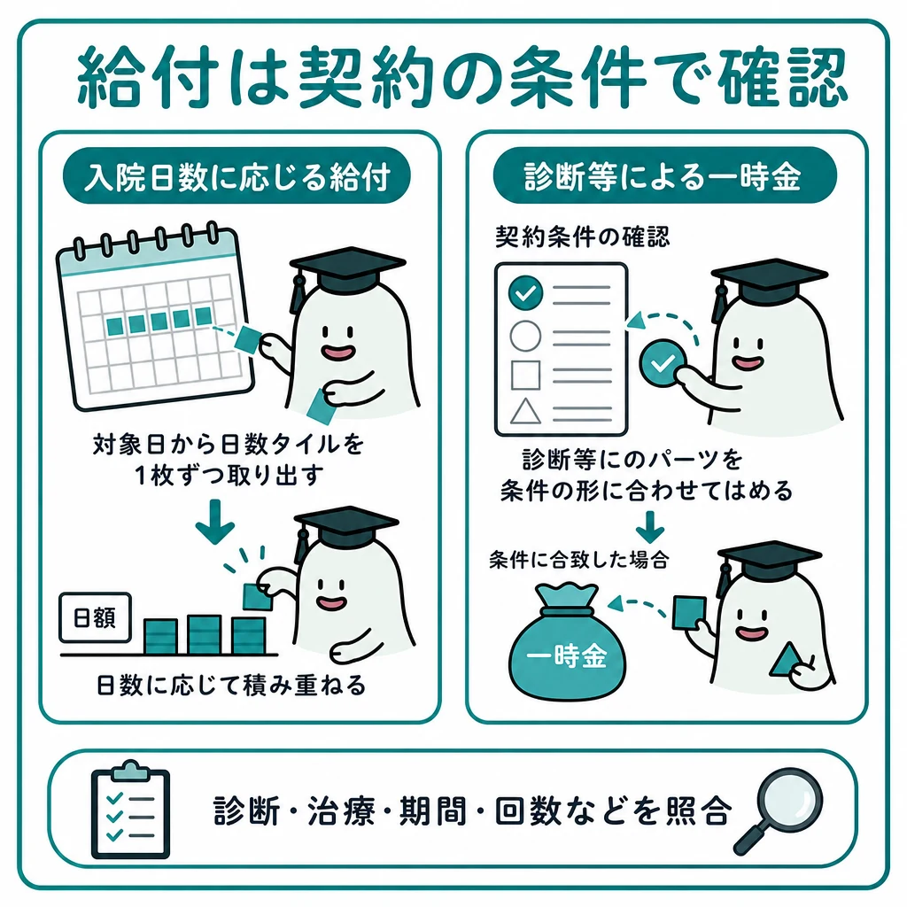 入院日数で支払う給付と診断等で支払う一時金を比較する図