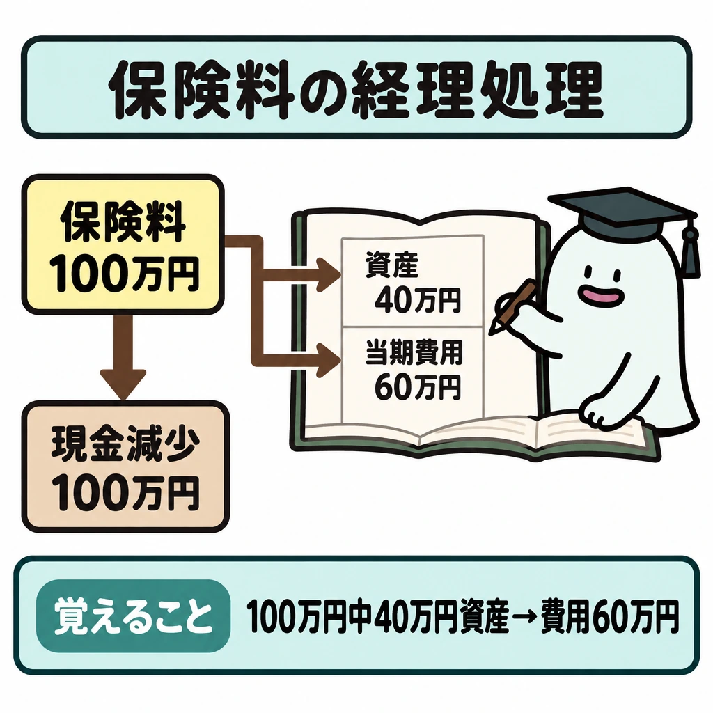 基本の仕組みの図解。左に「保険料100万円」を置き、下向き矢印の先に「現金減少100万円」を示す。右には仕切りのある1冊の帳簿を置き、保険料からの矢印の先を「資産40万円」「当期費用60万円」の2行に分けて、資産計上する条件での経理上の内訳を示す。