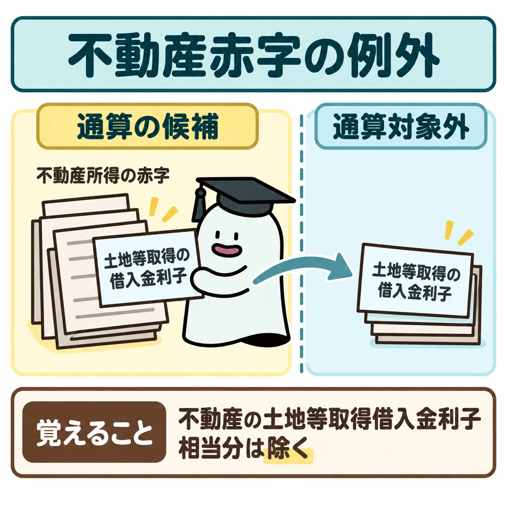 通算できる赤字と例外の図解。画面を縦線で左右に仕切り、左に「通算の候補」、右に「通算対象外」を置く。不動産所得の赤字を表す紙片の束から、土地等取得の借入金利子に対応する赤字の紙片だけを右へ移す矢印を描く。