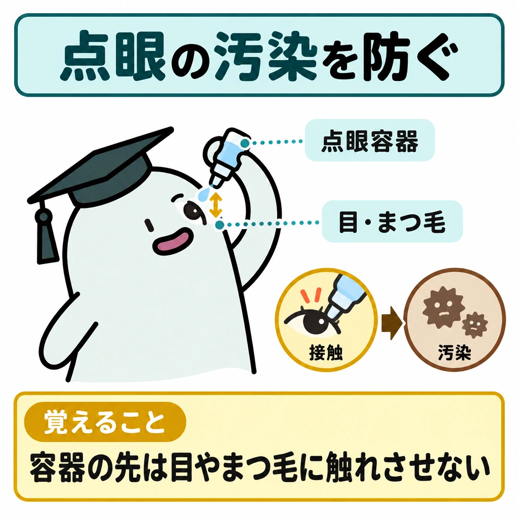 基本の仕組みの図解。中央のエルくんが持つ点眼容器の先と、目・まつ毛の間に明確なすき間を描く。下部に「接触→汚染」の因果を小さく示し、実際の点眼では接触を避けることが伝わる配置にする。