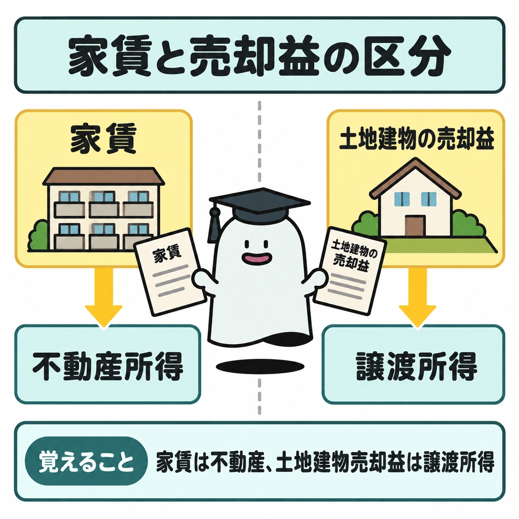 十種類の名前と典型例の図解。中央の縦仕切りで左右を分け、左は「家賃」から下の「不動産所得」へ、右は「土地建物の売却益」から下の「譲渡所得」へ矢印を引く。同じ建物に関わる収入でも区分が異なると分かる配置にする。