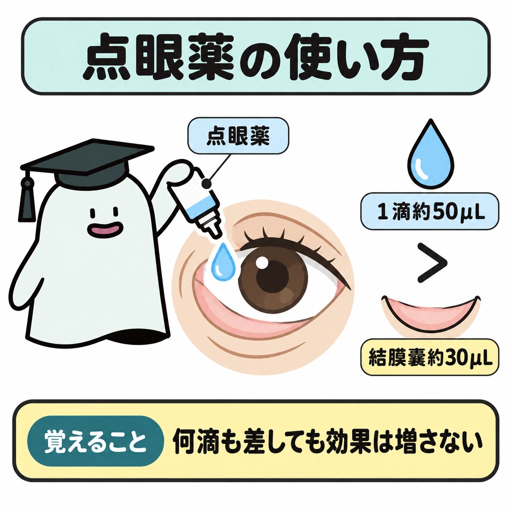 内服・点鼻・点眼の使い分けの図解。中央に目の拡大図を置き、上の点眼容器から結膜嚢へ1滴落とす。1滴約50μLと結膜嚢の容量約30μLを並べ、1滴の量が容量より大きいことを示す。