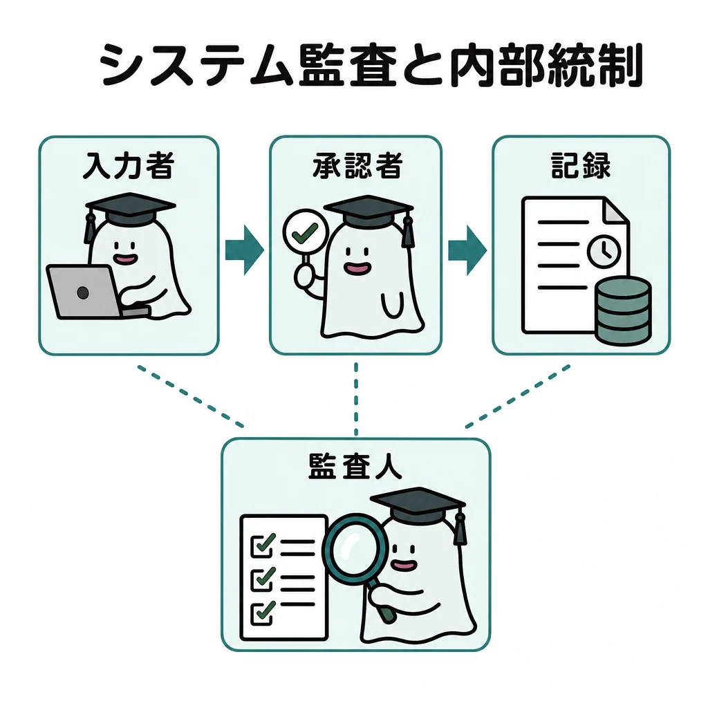 エルくんが説明する図解。入力者→承認者→記録、離れた監査人が証拠を確認する役割分担図。