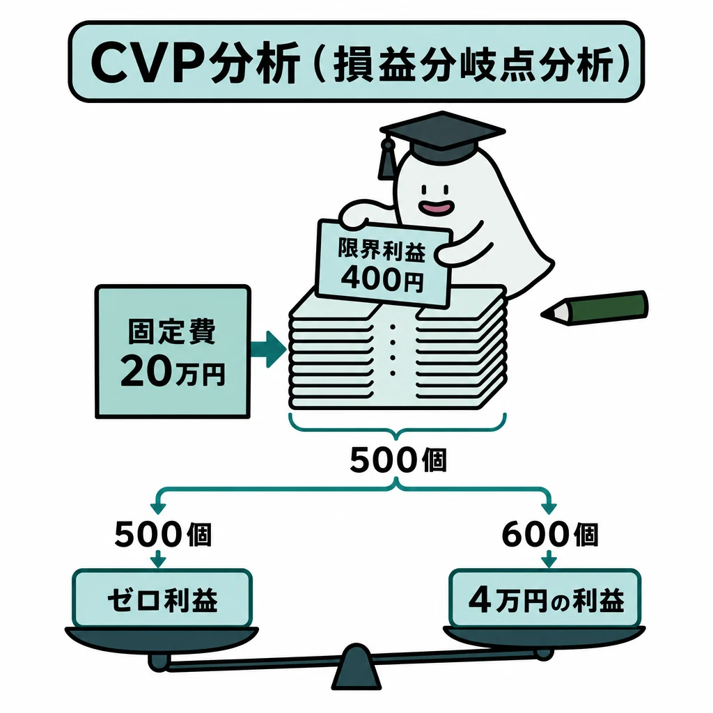 エルくんが説明する図解。固定費20万円を1個400円で回収、500個でゼロ利益/600個で4万円。