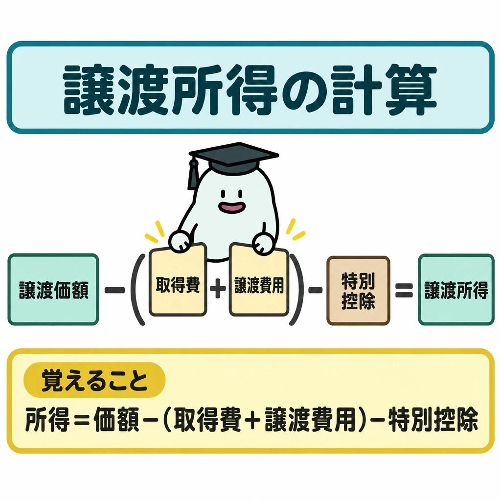 譲渡所得の計算と居住用財産の特例の図解。左から「譲渡価額」−「(取得費+譲渡費用)」−「特別控除」=「譲渡所得」の順に横一列で配置し、取得費と譲渡費用は括弧枠でまとめる。