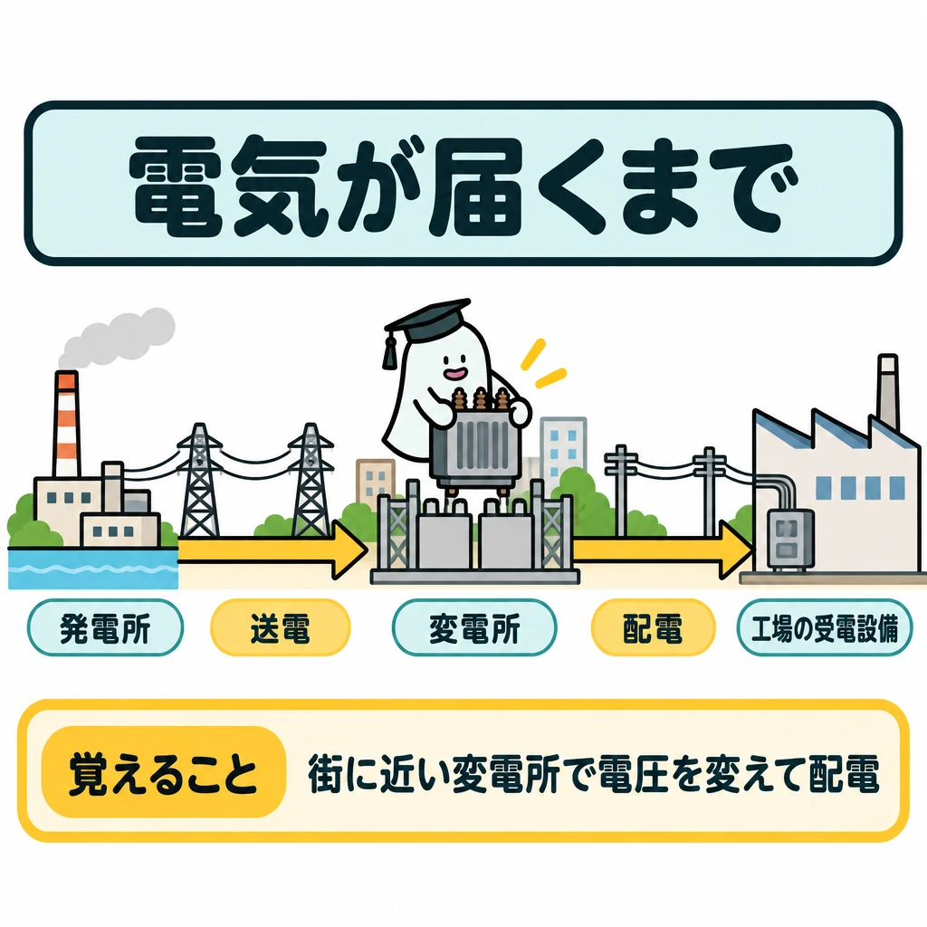 基本の仕組みの図解。左の発電所から右の工場まで一本の矢印を通し、途中の街に近い変電所で電圧を変えてから、利用場所へ配電する。工場の受電設備は、矢印が工場に入る入口に置く。