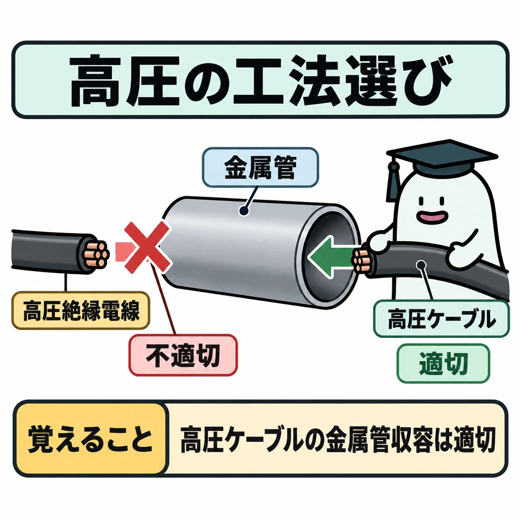 電圧・場所から工法を選ぶの図解。中央に金属管の断面を大きく描き、右から高圧ケーブルが管内へ入る緑の矢印を置く。同じ管の左側には高圧絶縁電線を管外に置き、管へ向かう矢印を赤い×で止める。一つの金属管を使った比較とし、場面を分割しない。