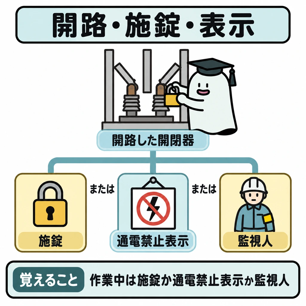 開路・施錠・表示・指示の図解。中央に開路した開閉器を大きく描き、下へ3本の枝を分けて「施錠」「通電禁止表示」「監視人」を横並びに置く。枝の間に「または」を入れ、作業中に選ぶ措置であって、順番ではないと示す。