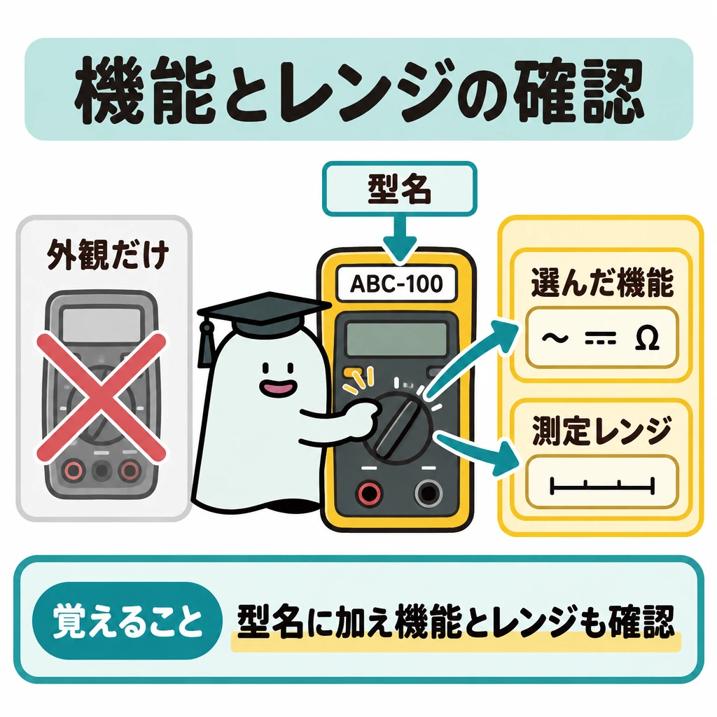 確認の図解。中央に測定器を1台大きく描き、型名から選んだ機能・測定レンジへ確認の矢印を伸ばす。機能とレンジを同じ枠で強調し、外観だけで判断する流れには×印を付ける。