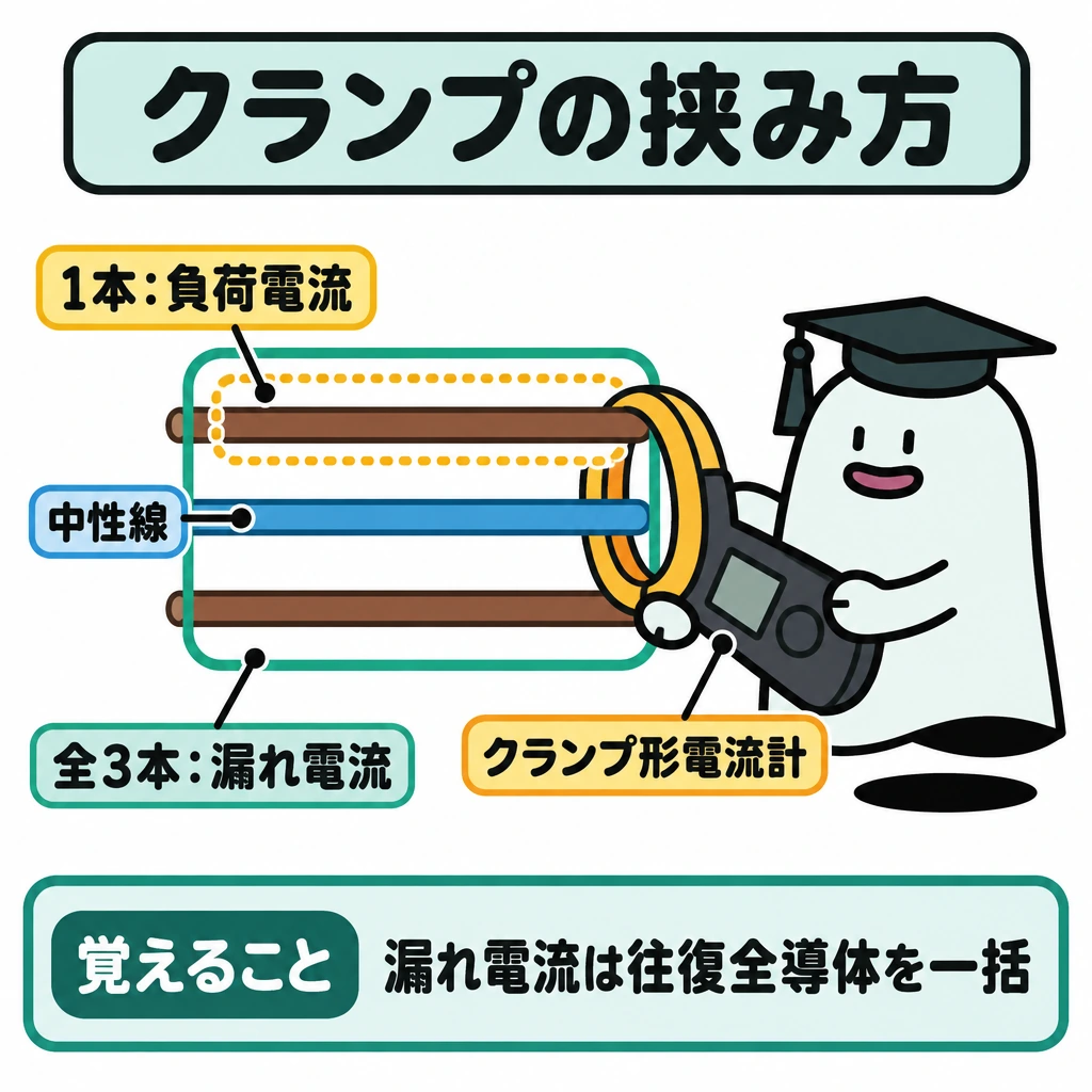 測定器と物理量の対応の図解。中央に単相3線式の導体3本を平行に描き、中央の1本を中性線とする。3本全体を囲む実線枠を「漏れ電流」、上の1本だけを囲む点線枠を「負荷電流」とし、エルくんが実線枠の位置で3本を一括してはさむ。