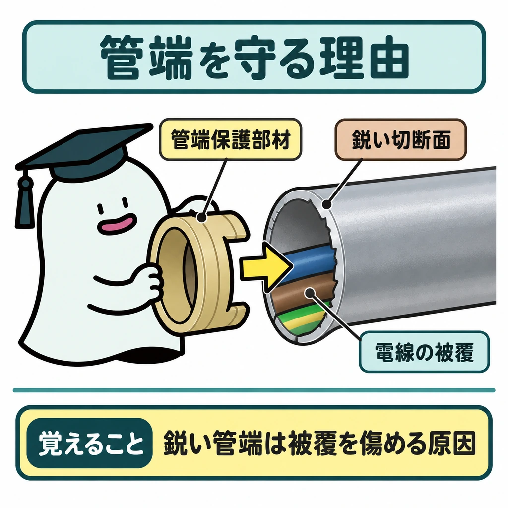 基本の仕組みの図解。中央に金属管の開口部を大きく描き、鋭い切断面と管内の電線の被覆を見せる。管端保護部材から切断面へ向かう矢印を置き、下部は仕切り線で「覚えること」を分ける。