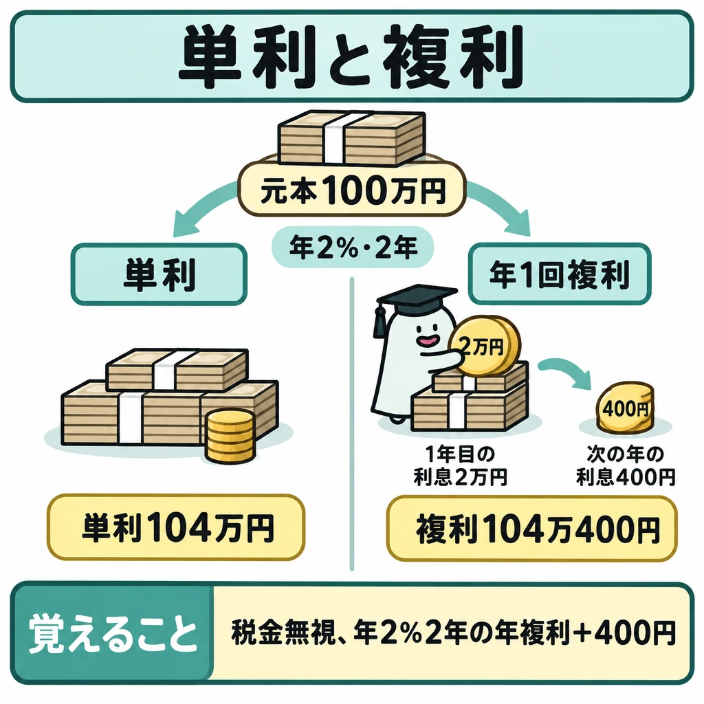 基本の仕組みの図解。正方形の中央上に元本100万円を置き、年2%・2年の条件で左右に分岐。縦の仕切りを挟んで左は単利104万円、右は年1回複利104万400円とし、右側では1年目の利息2万円から次の年の利息400円へ矢印をつなぐ。
