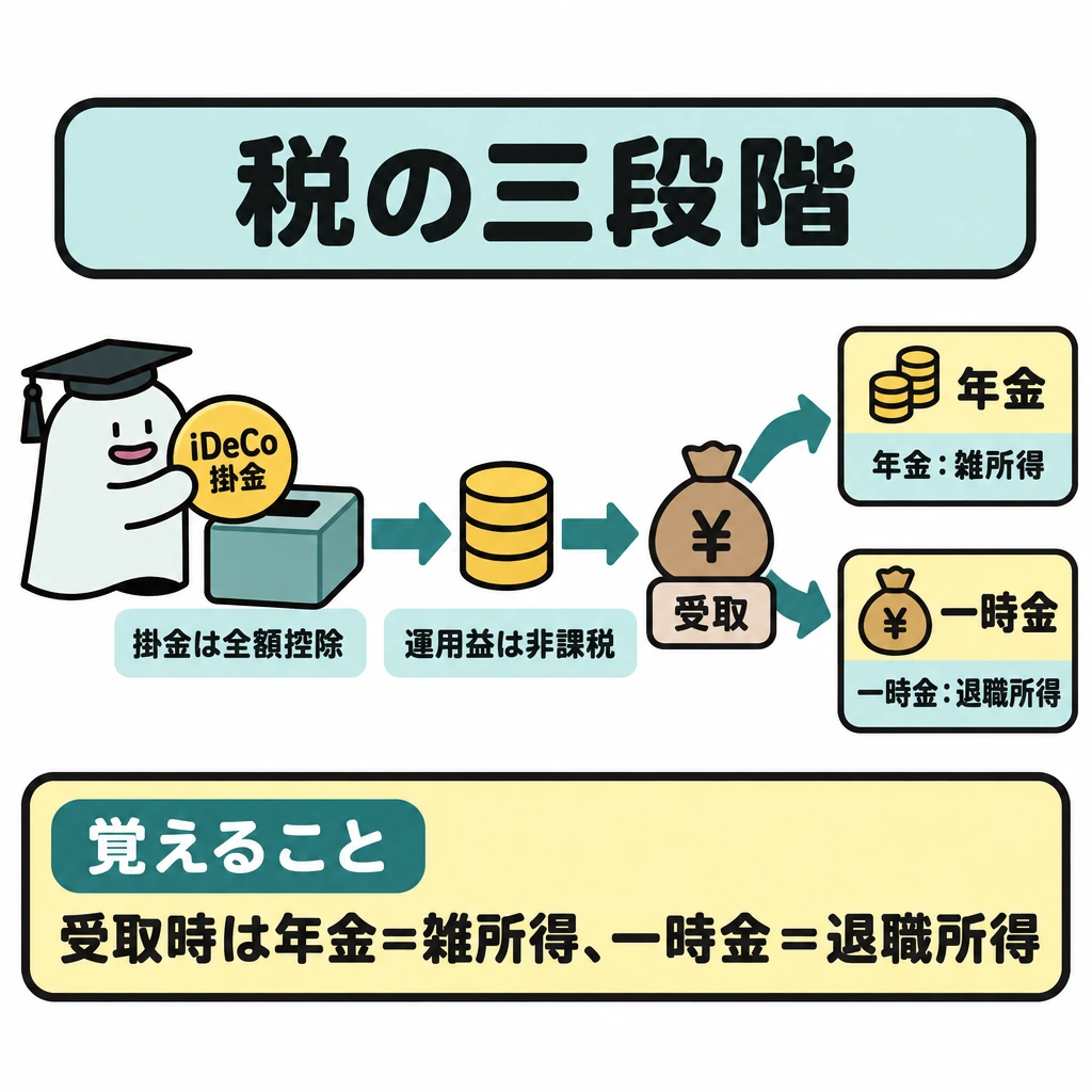 制度と税の三段階の図解。中央に左から右へ続く一本の流れを描き、「拠出→運用→受取」の順に矢印でつなぐ。受取部分だけを上下に分岐させ、上を年金、下を一時金として所得区分を示す。