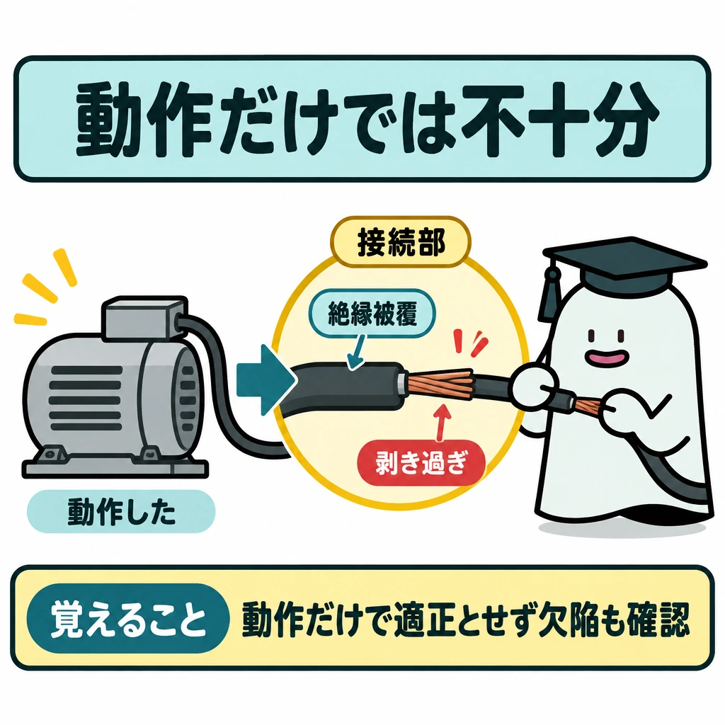 誤接続・絶縁不足・条件違反の図解。左に動作している器具、右にその配線の接続部を拡大して置き、矢印で「動作」から「欠陥確認」へ視線を導く。拡大部では絶縁被覆の剥き過ぎを示し、動作と施工の適正をイコールで結ばない。
