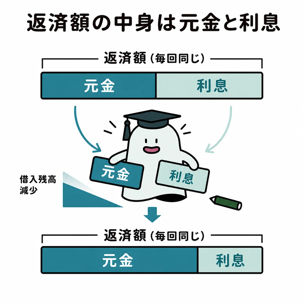 元利均等返済で返済額は一定のまま、残高が減るにつれ利息部分が減り元金部分が増える図