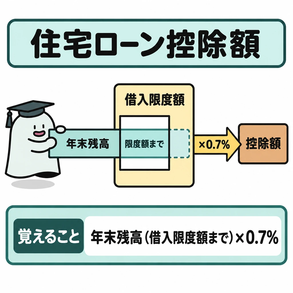 住宅ローン控除と配当控除の要件の図解。左の年末残高の帯を中央の借入限度額の枠に通し、枠に収まる分から「×0.7%」を経て、右の控除額へ矢印でつなぐ。限度額を超える分は、控除額への矢印につなげない。
