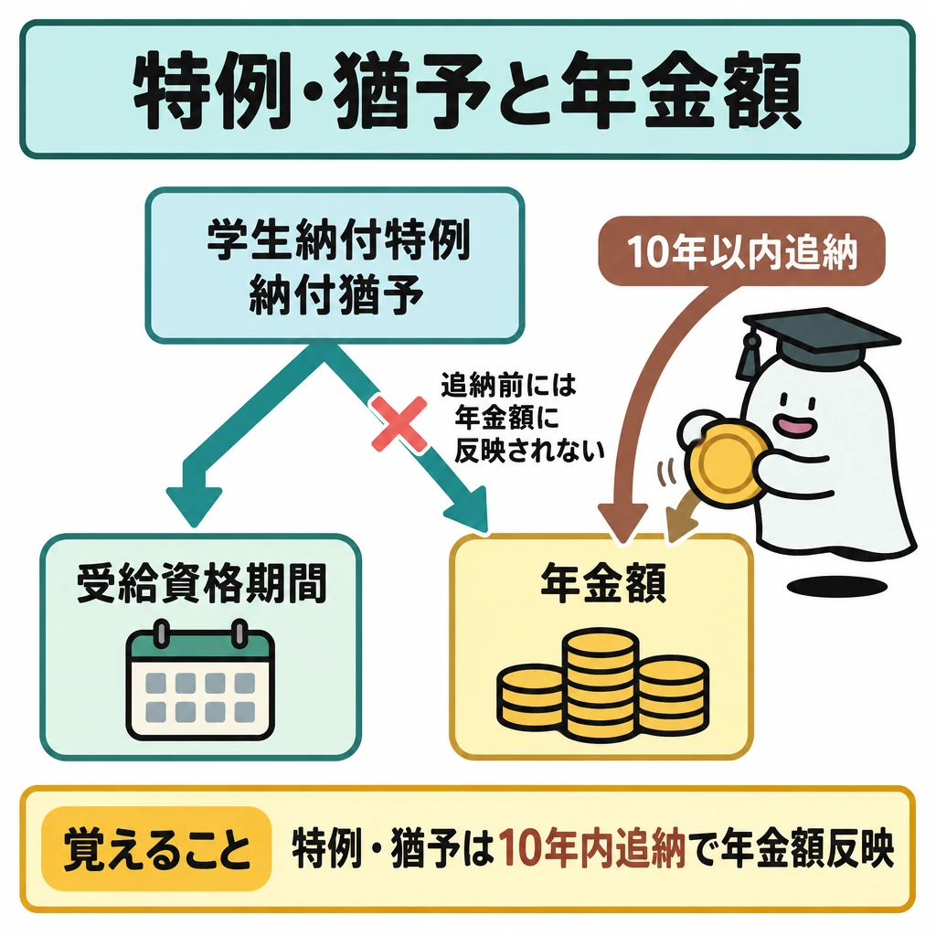 保険料の免除・猶予と年金額への反映の図解。中央上の「学生納付特例」「納付猶予」から下へ矢印を二股に分け、左は「受給資格期間」に入る、右は追納前には「年金額」に反映されないと示す。右側には「10年以内追納」から年金額へ向かう矢印を加える。