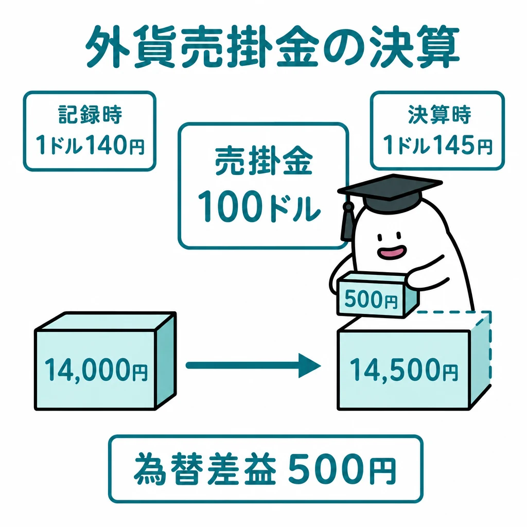 売掛金100ドルを記録時140円・決算時145円で換算し、エルくんが500円を積み足して14,000円から14,500円になる為替差益を示す図。