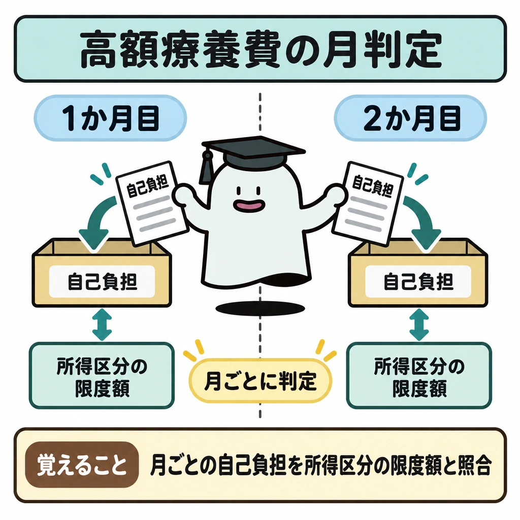 基本の仕組みの図解。画面を縦線で「1か月目」と「2か月目」に分け、月をまたぐ入院の自己負担を別々の箱に入れる。各箱から、その月の自己負担と所得区分の限度額を照合する矢印を引く。