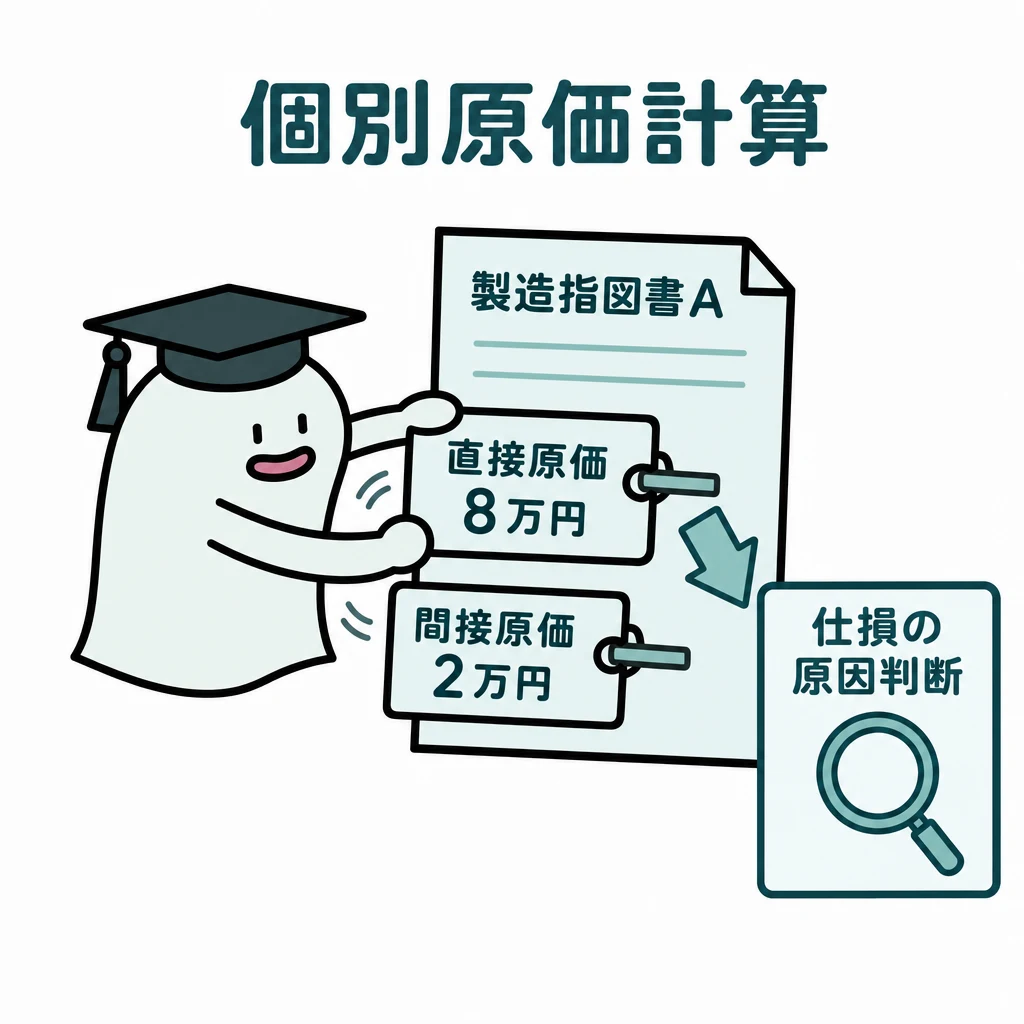 エルくんが説明する図解。製造指図書Aに直接8+間接2、別枠で仕損の原因判断。